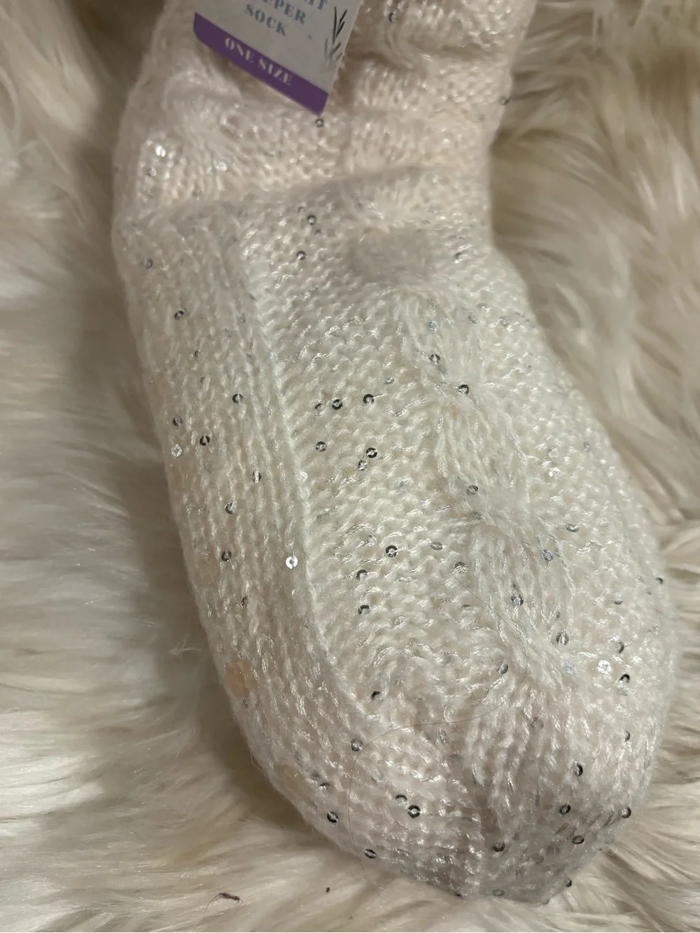 Sequin Cable-knit Slipper Sock Sherpa Lined
